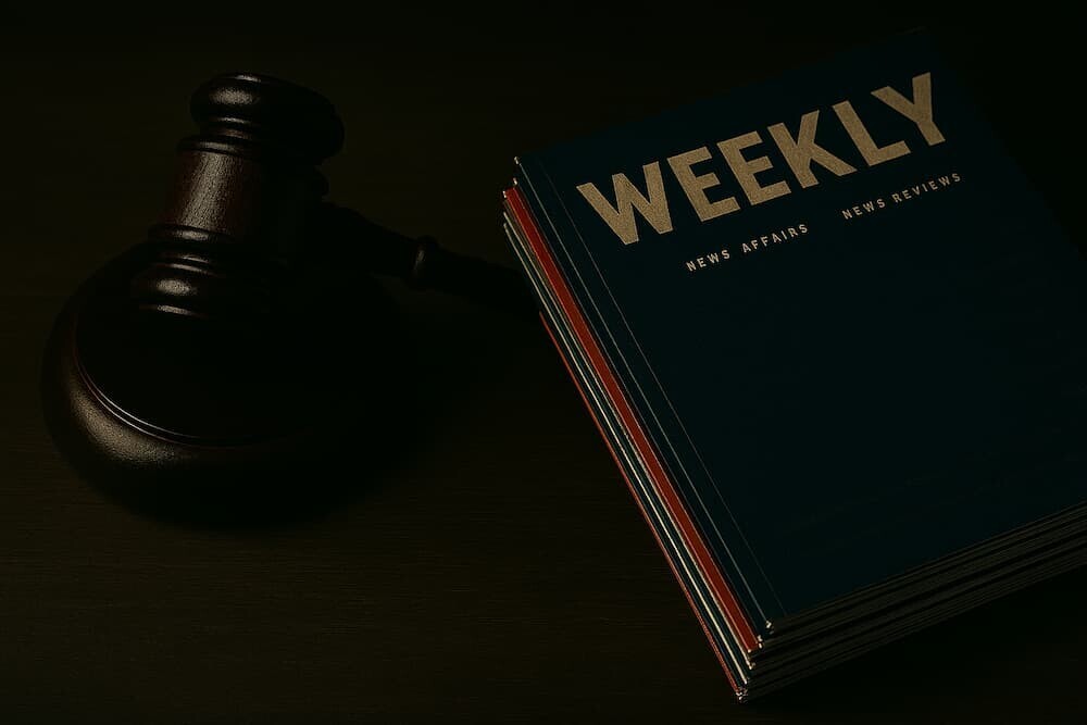 法廷で使われる木槌(ガベル)と、週刊誌が並べられている、少し暗めのイメージ
