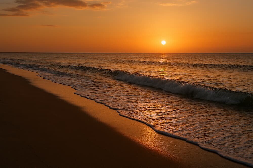 静かな砂浜と打ち寄せる波、夕暮れ時の海岸線