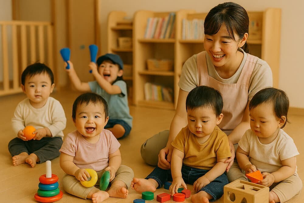 保育園で遊ぶ乳幼児たちと保育士のイメージ、温かみのある雰囲気